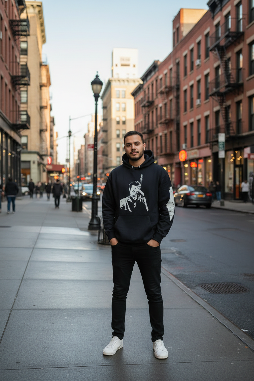 Arab man wearing Ghassan Kanafani hoodie