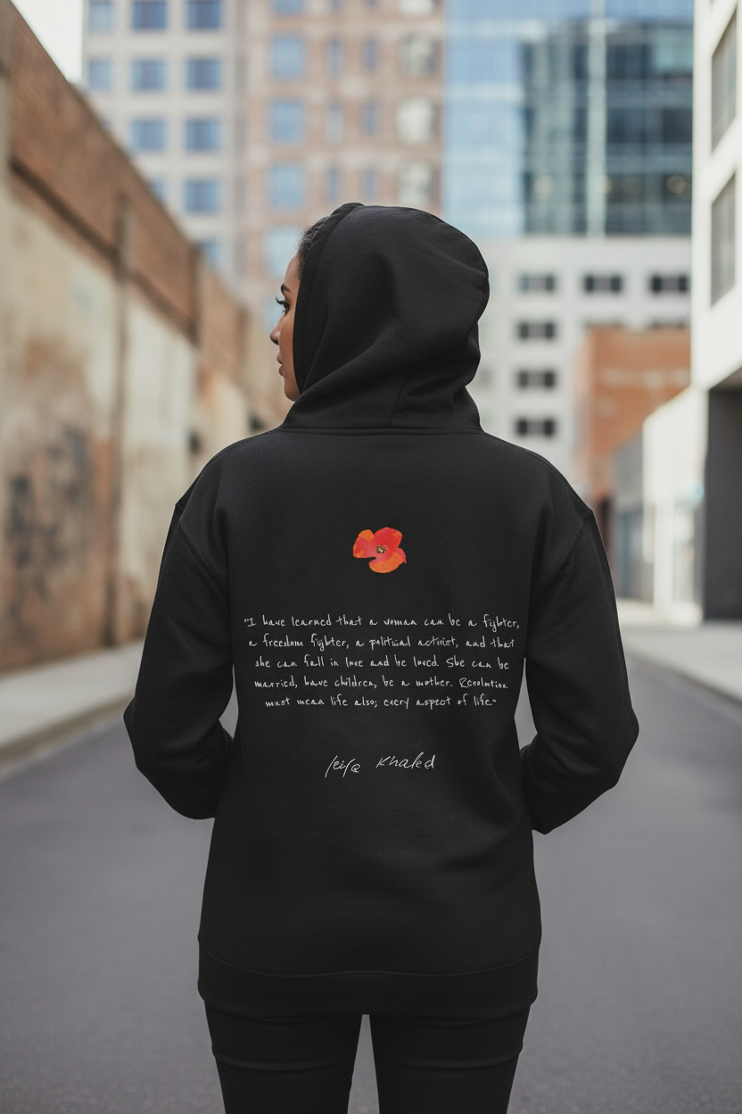 Arab Woman Wearing Hoodie - Back View with Leila Khaled Quote