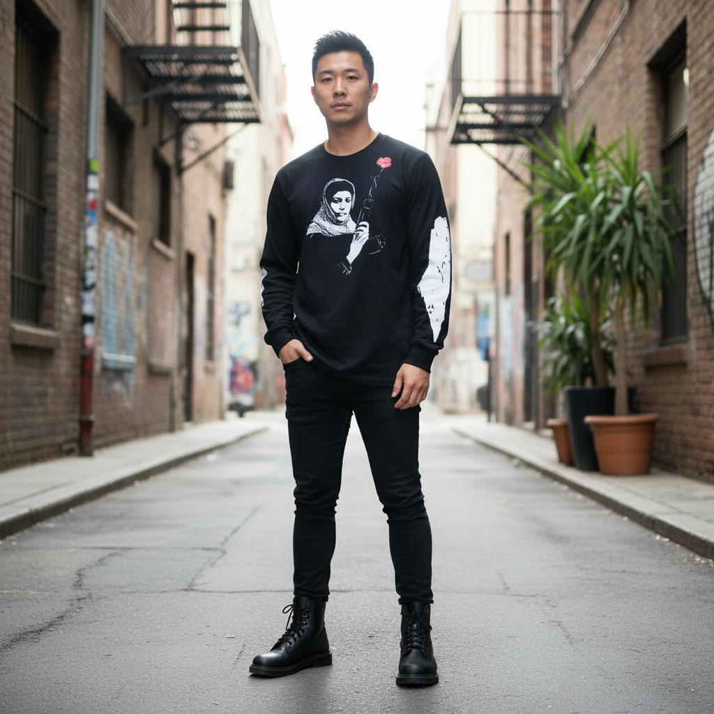 Asian man wearing Leila Khaled long sleeve - your design