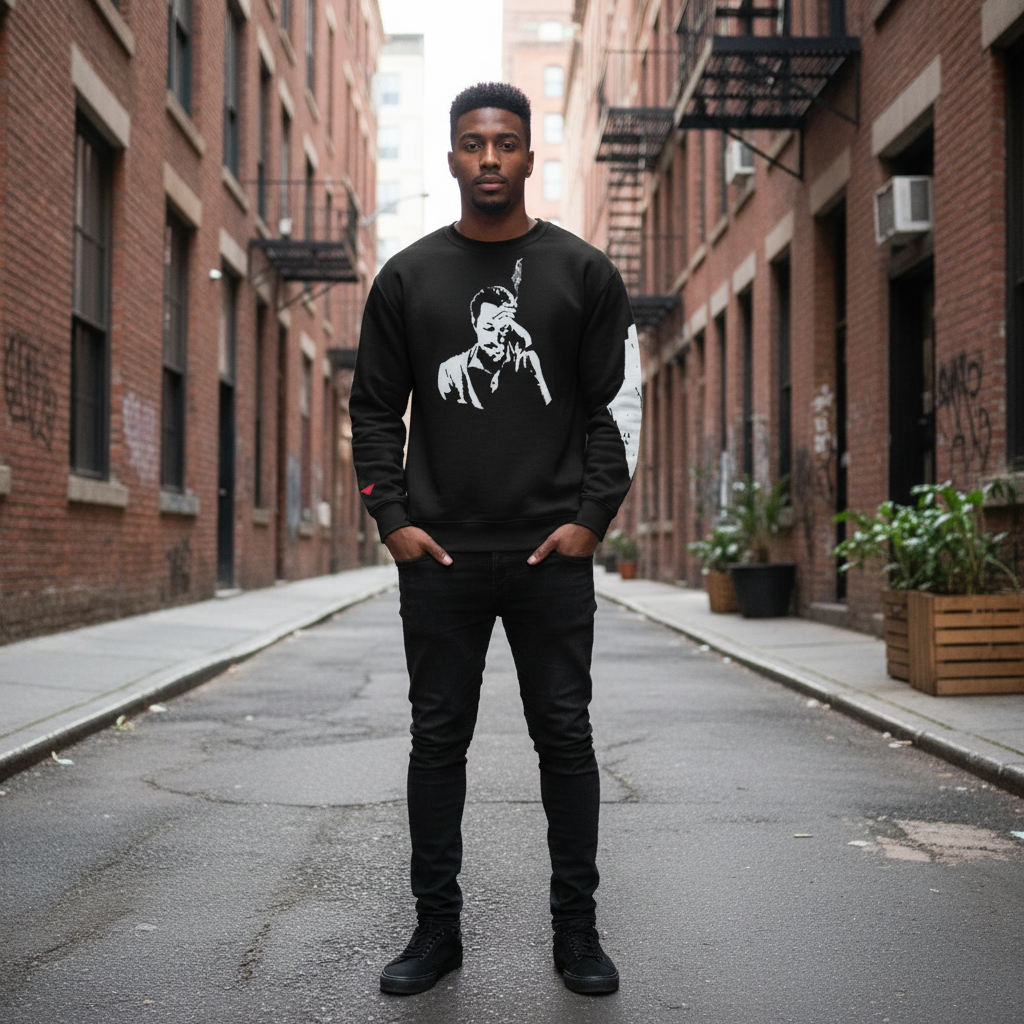 Black man wearing Ghassan Kanafani sweatshirt with Palestine map on sleeve