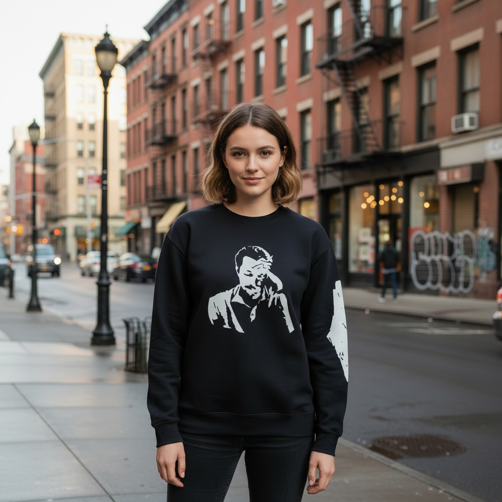 Caucasian woman wearing Ghassan Kanafani sweatshirt - no pouch