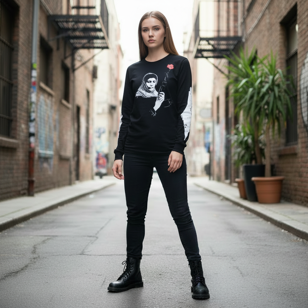 Caucasian woman wearing Leila Khaled long sleeve - exact design