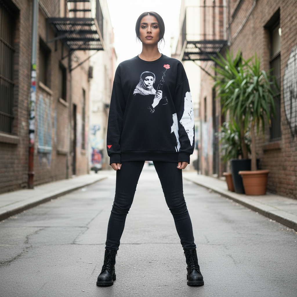 Black woman wearing Leila Khaled long sleeve t-shirt